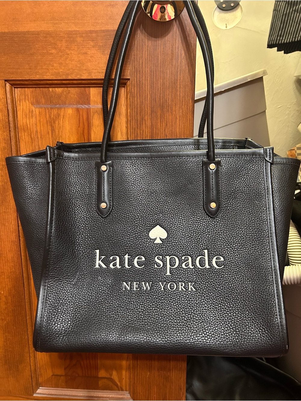 kate spade Black Pebbled Logo Tote with Gold Accents